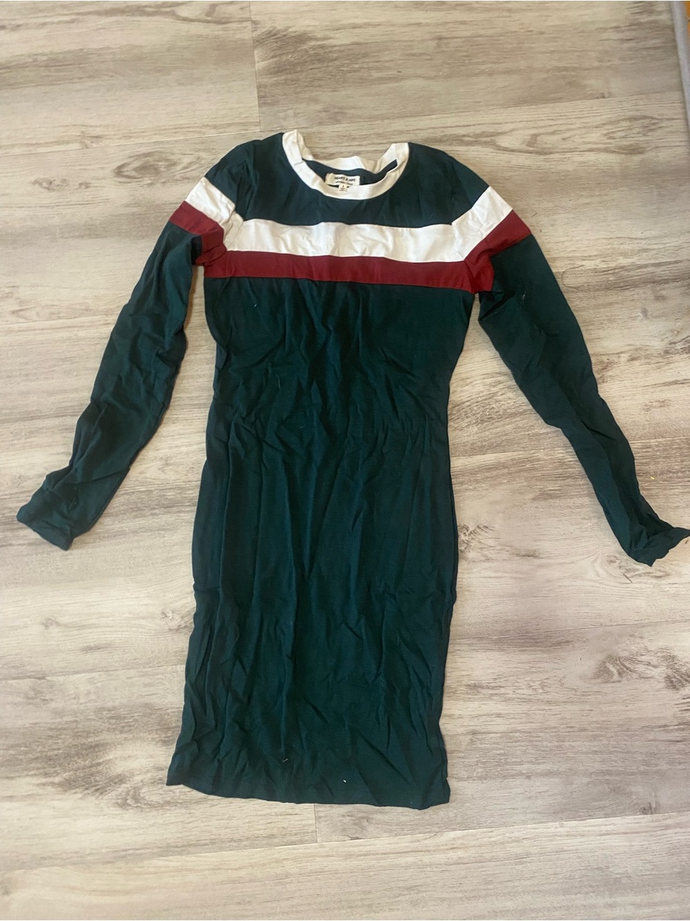 Long Sleeve Green Dress with White and Maroon Stripe - NWOT